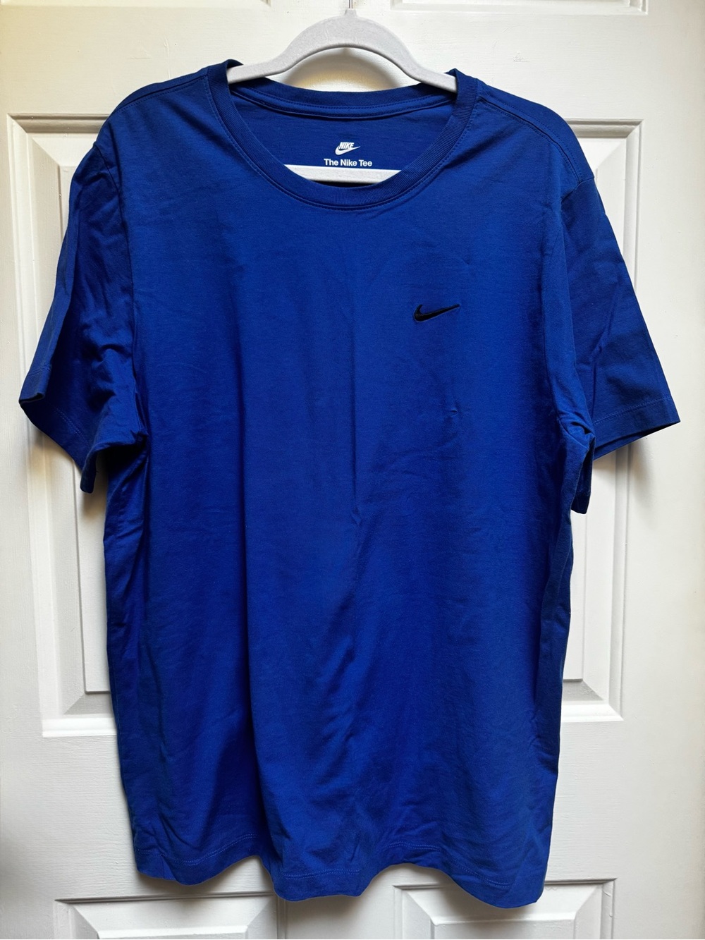 Nike NWT Swoosh Embroidered Black Logo on Royal Blue Tee Shirt Mens XL